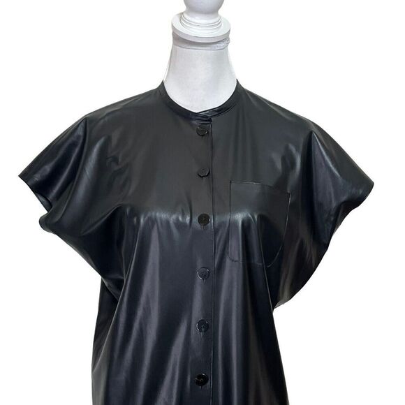 Theory Faux Leather Shift Dress Button Front Black Knee Length Women’s Size P - Picture 3 of 12